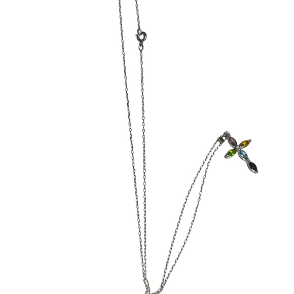 Sterling Silver Multicolor Gemstone Cross Pendant Necklace 20 inch - Picture 5 of 7